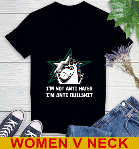 Dallas Stars NHL Hockey Unicorn I'm Not Anti Hater I'm Anti Bullshit Women's V-Neck T-Shirt 2