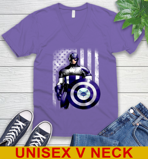 Charlotte Hornets NBA Basketball Captain America Marvel Avengers American Flag Shirt V-Neck T-Shirt 8