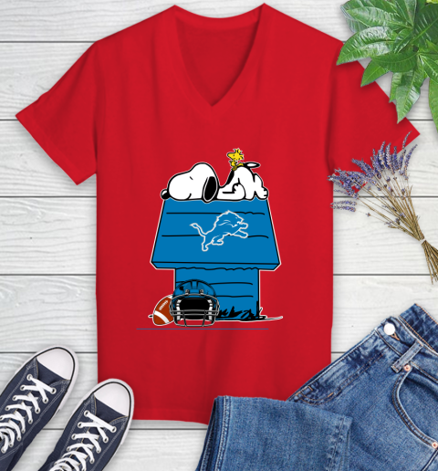 Detroit Lions NFL Football Snoopy Woodstock The Peanuts Movie Women's V-Neck T-Shirt 12
