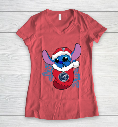 Los Angeles Rams Christmas Stitch In The Sock Funny Disney NFL Women's V-Neck T-Shirt 6