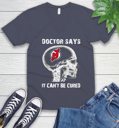 NHL New Jersey Devils Hockey Skull It Can't Be Cured Shirt V-Neck T-Shirt 7