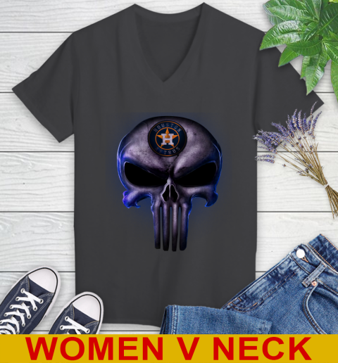 Houston Astros MLB Baseball Punisher Skull Sports Women's V-Neck T-Shirt 8