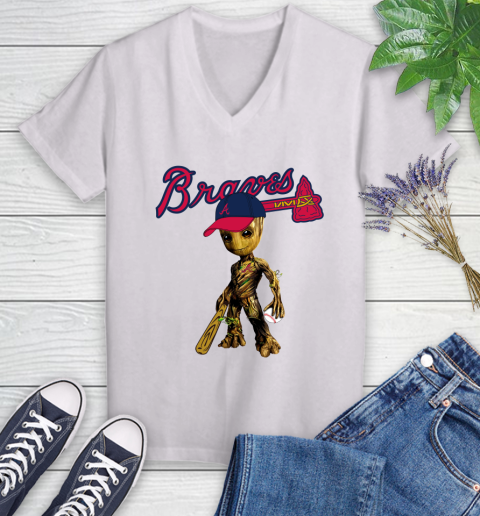 MLB Atlanta Braves Groot Guardians Of The Galaxy Baseball Women's V-Neck T-Shirt