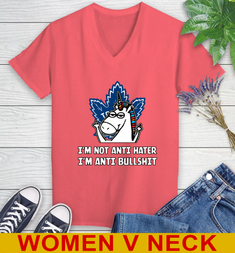Toronto Maple Leafs NHL Hockey Unicorn I'm Not Anti Hater I'm Anti Bullshit Women's V-Neck T-Shirt 7