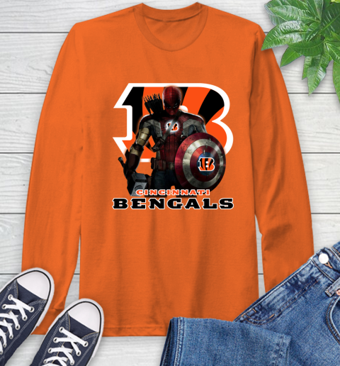 NFL Captain America Thor Spider Man Hawkeye Avengers Endgame Football Cincinnati Bengals Long Sleeve T-Shirt 5
