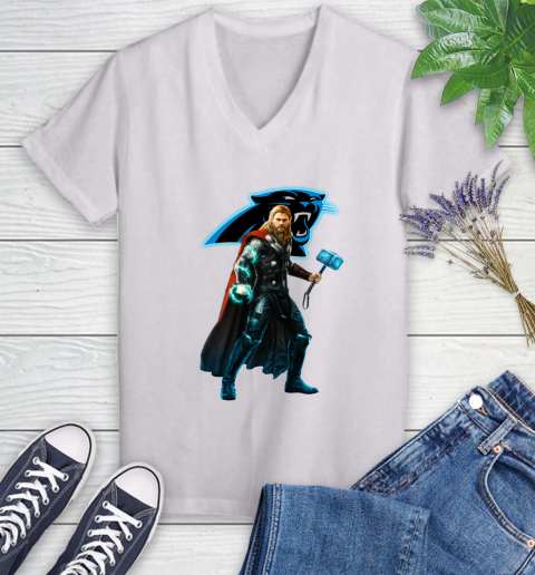 NFL Thor Avengers Endgame Football Carolina Panthers Women's V-Neck T-Shirt