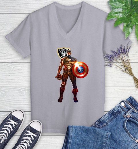 NFL Captain America Marvel Avengers Endgame Football Sports Oakland Raiders Women's V-Neck T-Shirt 4