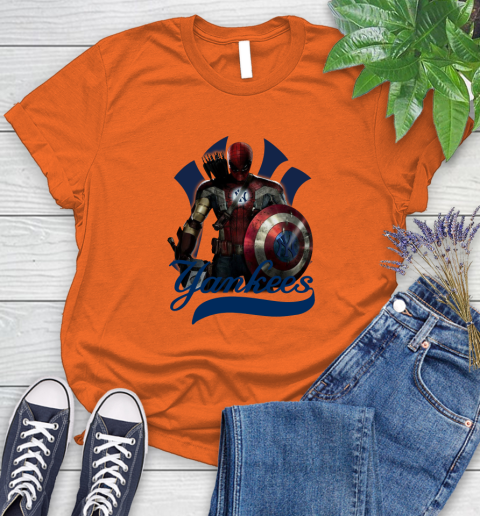 MLB Captain America Thor Spider Man Hawkeye Avengers Endgame Baseball New York Yankees Women's T-Shirt 4