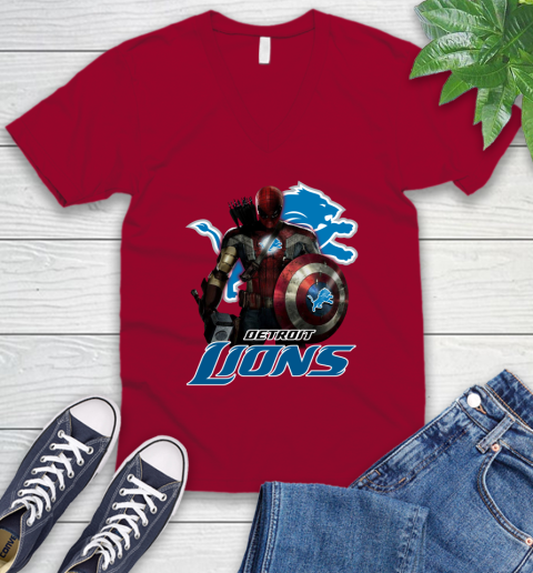 NFL Captain America Thor Spider Man Hawkeye Avengers Endgame Football Detroit Lions V-Neck T-Shirt 8
