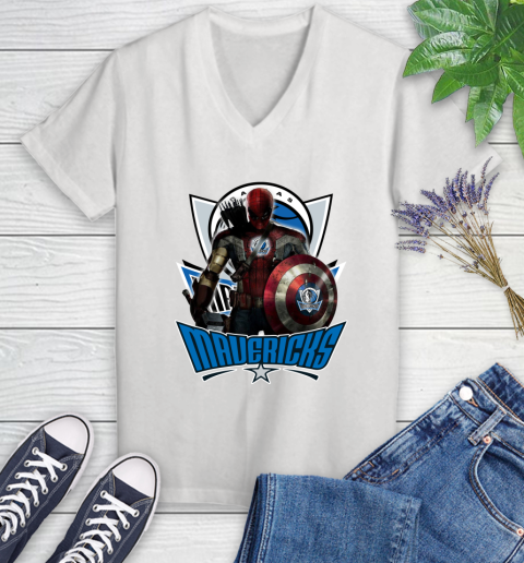 Dallas Mavericks NBA Basketball Captain America Thor Spider Man Hawkeye Avengers Women's V-Neck T-Shirt