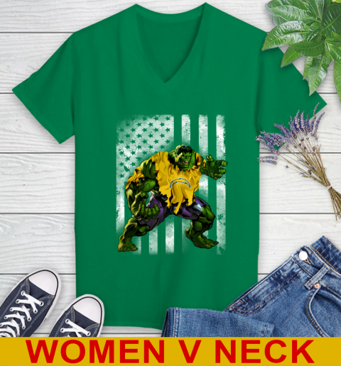 Los Angeles Chargers Hulk Marvel Avengers NFL Football American Flag Women's V-Neck T-Shirt 5