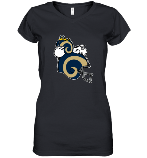 Snoopy And Woodstock Resting On Los Angeles Rams Helmet Women's V-Neck T-Shirt