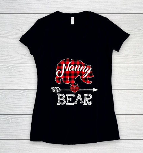 Nanny Bear Christmas Pajama Red Plaid Buffalo Family Gift Women's V-Neck T-Shirt