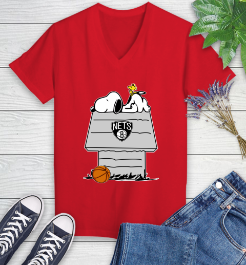 Brooklyn Nets NBA Basketball Snoopy Woodstock The Peanuts Movie Women's V-Neck T-Shirt 12
