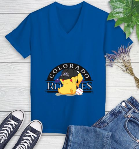 MLB Pikachu Baseball Sports Colorado Rockies Women's V-Neck T-Shirt 10