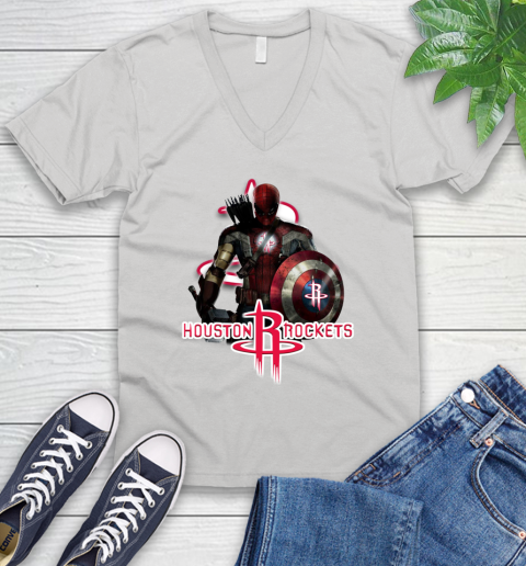 Houston Rockets NBA Basketball Captain America Thor Spider Man Hawkeye Avengers V-Neck T-Shirt