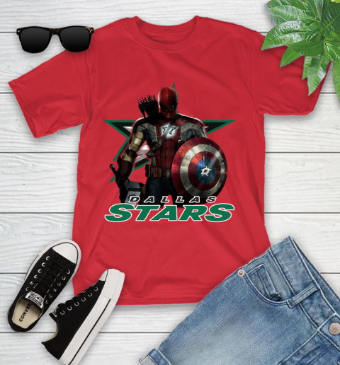 NHL Captain America Thor Spider Man Hawkeye Avengers Endgame Hockey Dallas Stars Youth T-Shirt 10