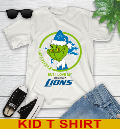 Detroit Lions NFL Christmas Grinch I Hate People But I Love My Favorite Football Team Youth T-Shirt