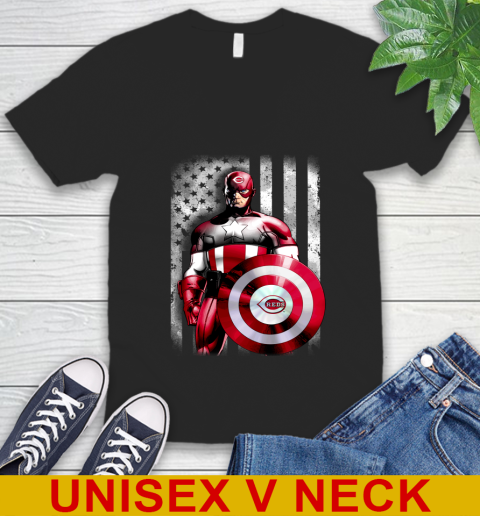 Cincinnati Reds MLB Baseball Captain America Marvel Avengers American Flag Shirt V-Neck T-Shirt