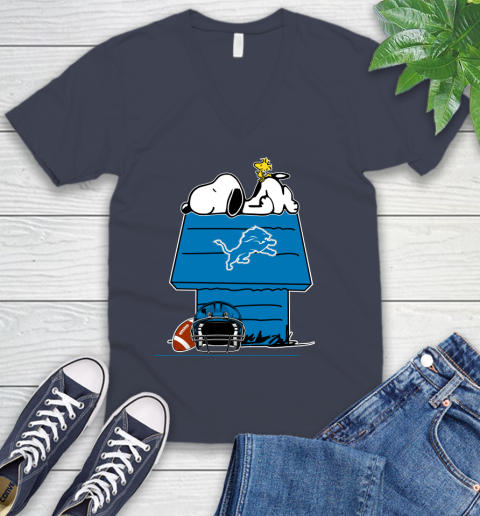 Detroit Lions NFL Football Snoopy Woodstock The Peanuts Movie V-Neck T-Shirt 9