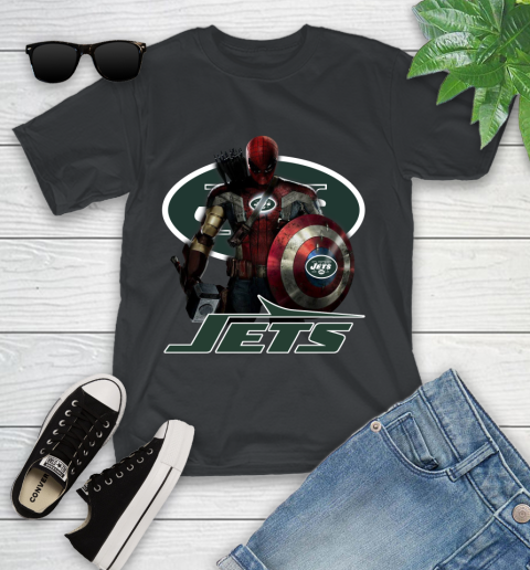 NFL Captain America Thor Spider Man Hawkeye Avengers Endgame Football New York Jets Youth T-Shirt 2
