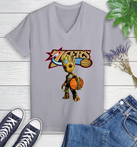 Philadelphia 76ers NBA Basketball Groot Marvel Guardians Of The Galaxy Women's V-Neck T-Shirt 4