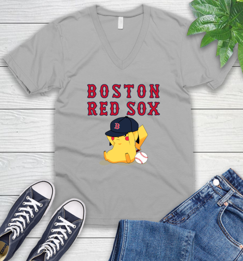 MLB Pikachu Baseball Sports Boston Red Sox V-Neck T-Shirt 4