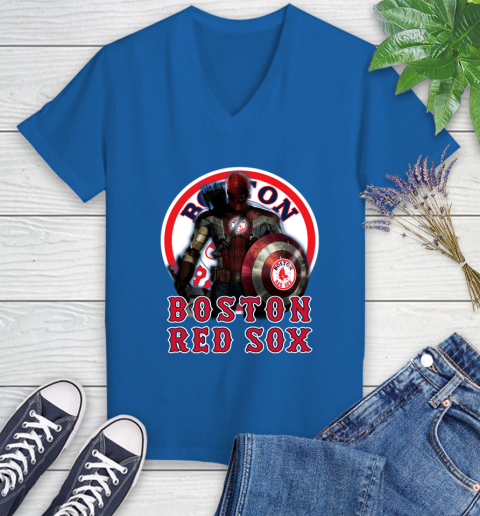 MLB Captain America Thor Spider Man Hawkeye Avengers Endgame Baseball Boston Red Sox Women's V-Neck T-Shirt 10