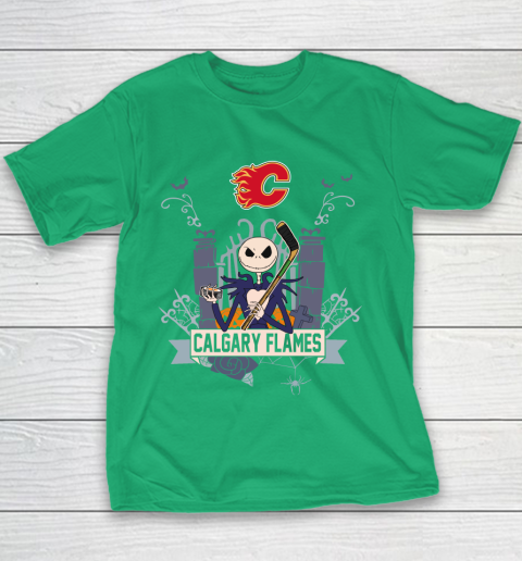 NHL Calgary Flames Hockey Jack Skellington Halloween Youth T-Shirt 3