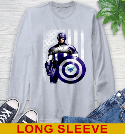Charlotte Hornets NBA Basketball Captain America Marvel Avengers American Flag Shirt Long Sleeve T-Shirt 6