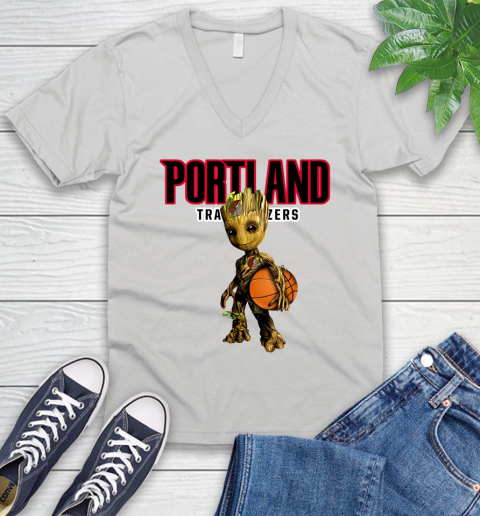Portland Trail Blazers NBA Basketball Groot Marvel Guardians Of The Galaxy V-Neck T-Shirt