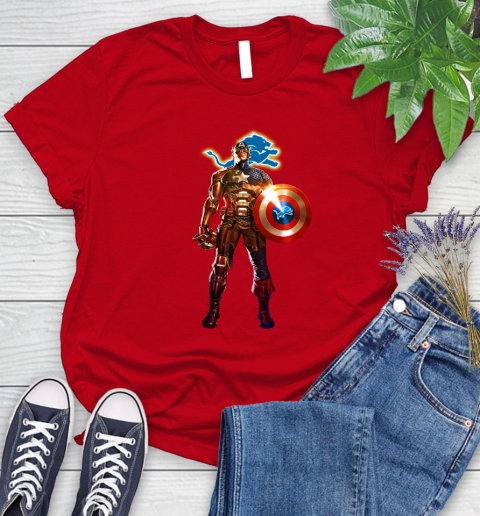 NFL Captain America Marvel Avengers Endgame Football Sports Detroit Lions Women's T-Shirt 9