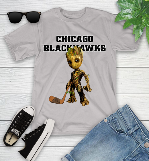 Chicago Blackhawks NHL Hockey Groot Marvel Guardians Of The Galaxy Youth T-Shirt 12