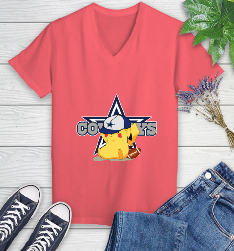 NFL Pikachu Football Sports Dallas Cowboys Women's V-Neck T-Shirt 6