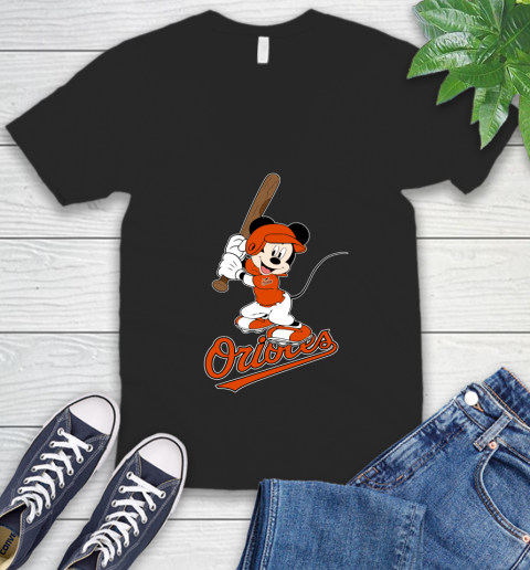 MLB Baseball Baltimore Orioles Cheerful Mickey Mouse Shirt V-Neck T-Shirt