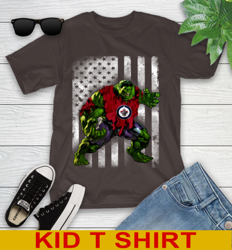 Winnipeg Jets Hulk Marvel Avengers NHL Hockey American Flag Youth T-Shirt 6