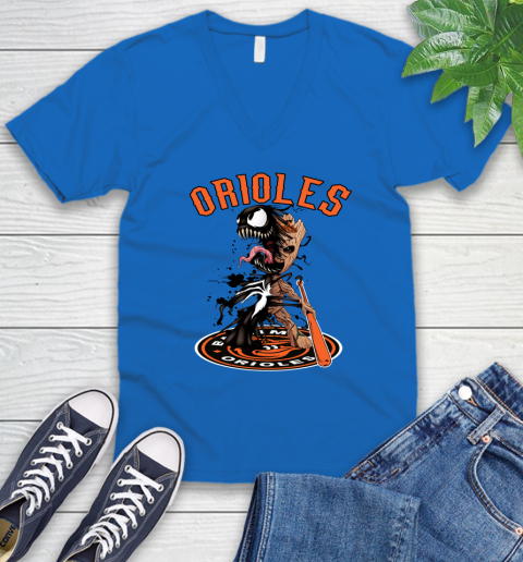 MLB Baltimore Orioles Baseball Venom Groot Guardians Of The Galaxy V-Neck T-Shirt 6