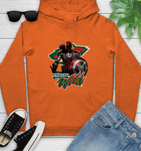 NHL Captain America Thor Spider Man Hawkeye Avengers Endgame Hockey Minnesota Wild Youth Hoodie 5