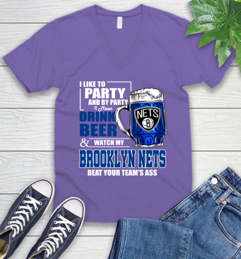 NBA Drink Beer and Watch My Brooklyn Nets Beat Your Team's Ass V-Neck T-Shirt 9