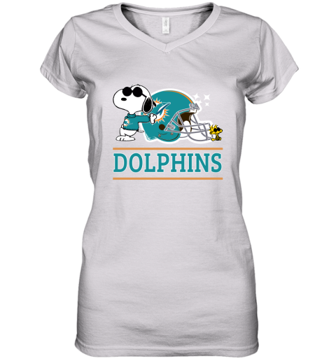 The Miami Dolphins Joe Cool And Woodstock Snoopy Mashup Women's V-Neck T-Shirt
