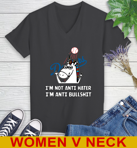 Los Angeles Dodgers MLB Baseball Unicorn I'm Not Anti Hater I'm Anti Bullshit Women's V-Neck T-Shirt 9