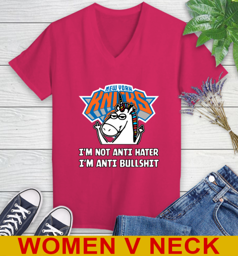 New York Knicks NBA Basketball Unicorn I'm Not Anti Hater I'm Anti Bullshit Women's V-Neck T-Shirt - Image 11