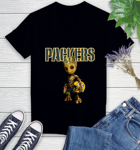 Green Bay Packers NFL Football Groot Marvel Guardians Of The Galaxy Women's V-Neck T-Shirt 2