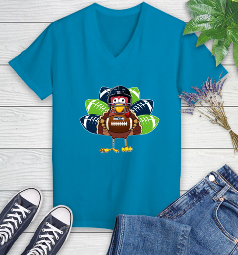 Seattle Seahawks Turkey Thanksgiving Day Women's V-Neck T-Shirt 7