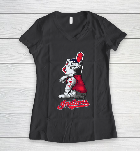 MLB Baseball My Cat Loves Cleveland Indians Women's V-Neck T-Shirt 6