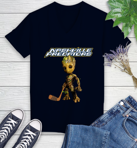 Nashville Predators NHL Hockey Groot Marvel Guardians Of The Galaxy Women's V-Neck T-Shirt 3