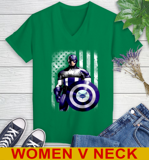 Charlotte Hornets NBA Basketball Captain America Marvel Avengers American Flag Shirt Women's V-Neck T-Shirt 5