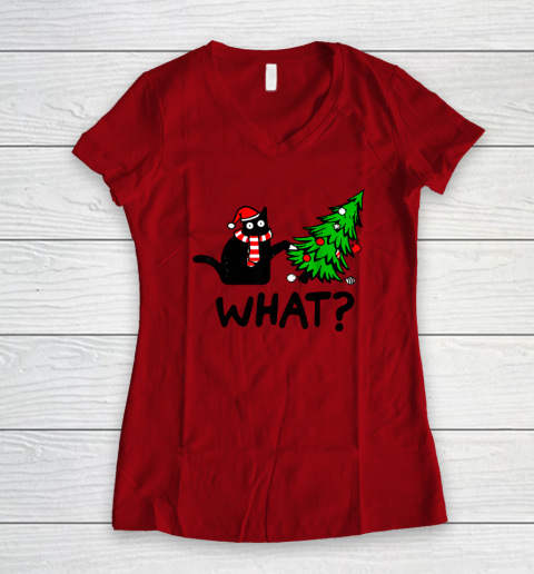 Funny Black Cat Gift Pushing Christmas Tree Over Cat What Women's V-Neck T-Shirt 5