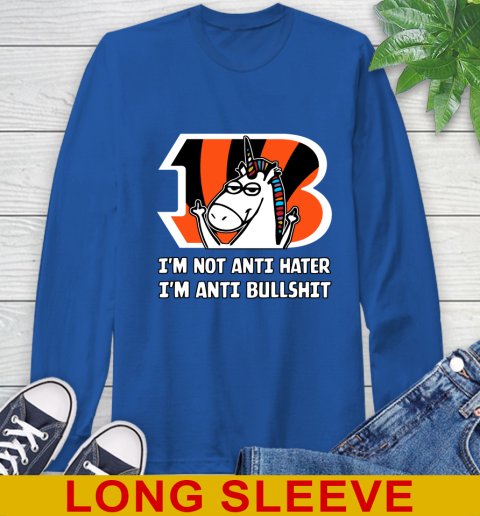 Cincinnati Bengals NFL Football Unicorn I'm Not Anti Hater I'm Anti Bullshit Long Sleeve T-Shirt 9
