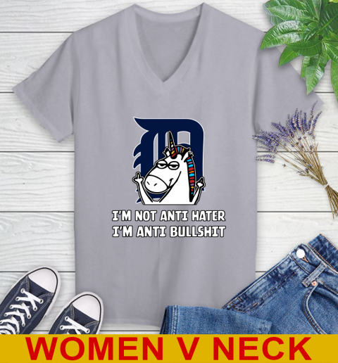 Detroit Tigers MLB Baseball Unicorn I'm Not Anti Hater I'm Anti Bullshit Women's V-Neck T-Shirt 5